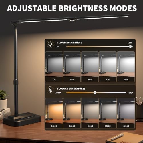 SIBRILLE LED Desk Lamp, Ultra Wide Computer Light, Dimmable Desk Light with USB Fast Charging, Adjustable Foldable Eye Caring Office Desk Lamp for Monitor Work Gaming Home Study