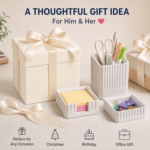 Aesthetic White Desk Organizer Set, Pen, Clip and Sticky Note Holder