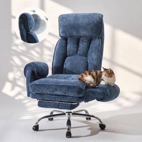 Criss Cross Comfy Office Chair with Adjustable 5-Position Armrests, Retractable Footrest & Headrest, Pet Friendly Reclining Desk Chair for Cross-Legged Sitting Blue