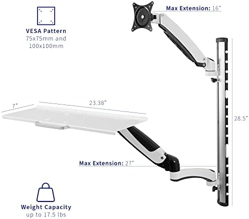 VIVO Sit-Stand Wall Mount Counterbalance Height Adjustable Monitor and Keyboard Workstation for Screens up to 27 inches, White STAND-SIT1KW