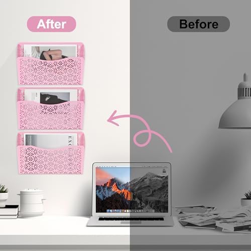 EasyPAG 3 Single Wall Mount File Organizer Vertical Metal Wall Pocket File Holder for Office, Home, School, Pink