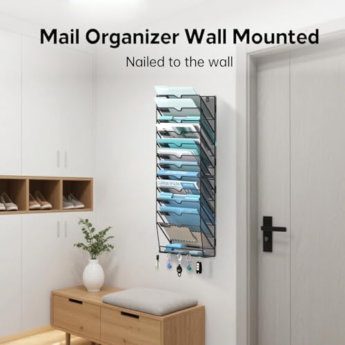 13-Tier Wall File Organizer and Mail Organizer with 5 Hooks, Black