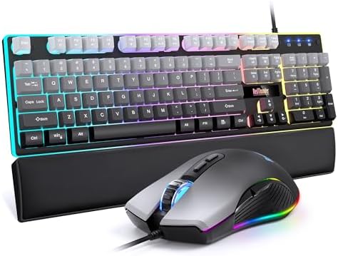 RedThunder K10 Wired Gaming Keyboard, Mouse Wrist Rest Combo, RGB Backlit, Mechanical Feel Anti-ghosting Keyboard + 7D 7200 DPI Mice+Soft Leather Wrist Rest 3 in 1 PC Gamer Accessories(Gradient Gray)