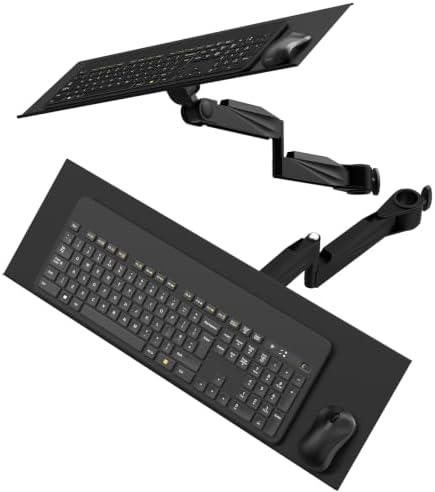 Wall Mount Aluminum Keyboard Tray Arm, 180° Rotation & 90° Tilt Ergonomic Keyboard Mouse Holder Holds 22 Lbs with Cable Management for Office Gaming Workstation