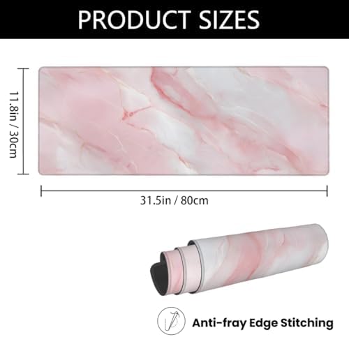 Large Mouse Pad Pink White Marble Non-Slip Rubber Long Gaming Desk Mat Big Computer Keyboard Mousepad Waterproof Protector Wristing Pad for Gaming Office Home Decorative 31.5 X 11.8 Inch