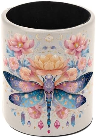 Leather Pen Holder for Desk, Dragonfly Pencil Cup Pen Organizer Makeup Brush Holder for Office Home Kids Countertop Desk Accessory Storage