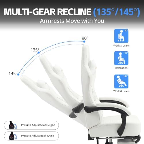 Gaming Chair Breathable Leather with Pocket Spring Cushion, Wide and High Ergonomic Office Chair with Headrest, Computer Gaming Chair with Footrest for Adult and Teen (White)