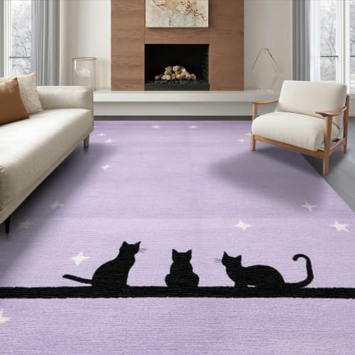 6'x9' Black Cat Lavender Starry Washable Area Rug