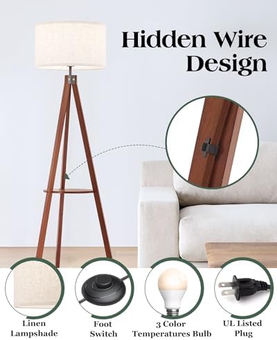 ELYONA Mid Century Floor Lamp with 3 Color Temperatures LED Bulb, Modern Wood Tripod Table Reading Standing Light, Wooden Shelf Floor Lamp for Farmhouse Living Room Bedroom Office Linen Shade Brown