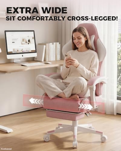 LUCKRACER Gaming Chair with Footrest and Pocket Spring Cushion, 90°-155° Reclining Ergonomic Computer Chair, 4" Height Adjustable, Lumbar Support, SGS Class 3 Gas Lift, Pink
