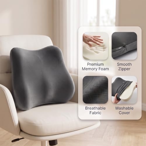 Lumbar Support Pillow, Ergonomic Memory Foam Back Cushion for Car Office Chair Gaming Chair, Washable Cool-Touch Cover for Lower Back Support (Dark Grey)