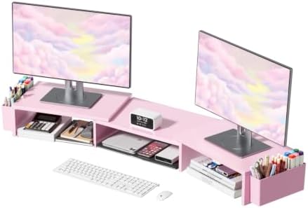 AUPSEN Dual Monitor Stand Riser with 2 Pen Holders, Desk Organizer, Pink