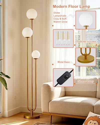 63IN 3-Light Dimmable Floor Lamp, Unique Gold Tall Standing Lamps with 3000K G9 Bulbs for Reading, Mid Century Modern Floor Lamp with 5Lbs Heavy Base for Living Room Bedroom Home Office