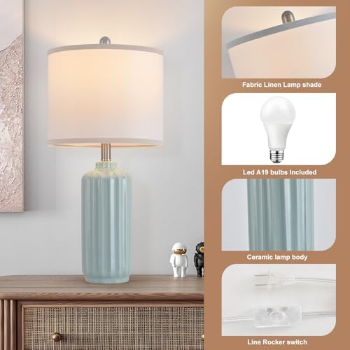 Lamp for Living Room Bedroom Lamps Farmhouse Table Lamps Set of 2 Vertical Stripe Ceramic Table Lamp,Linen Shade with Bulb, 25 in High,Seafoam,Blue
