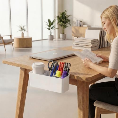Desk Side Storage, Side Desk Organizer, No Drill Hanging Desk Organizer with 4 Large Pockets, Table Hanging Storage for Office & Home, Fits Flat Table Edge 1.26" (White)