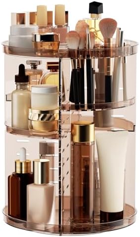 Rotating Makeup Organizer, DIY 8 Adjustable Layers Spinning Skincare Storage, Cosmetic Display Case with Brush Holder and Perfume Tray, Multi-Function Vanity Bathroom Countertop Organizer Clear Coffee