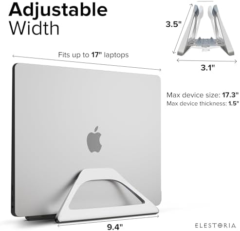 Elestoria Aluminum Vertical Laptop Stand with Gravity Auto-Lock – Adjustable Laptop Holder Vertical fits MacBook Pro/Air, Chromebook & Gaming Laptops up to 17.3" – Space-Saving Desktop Dock - Silver