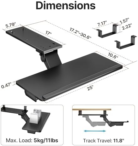 PEGZONE Keyboard Tray Under Desk Slide Out, 25 x 11 inch, Black