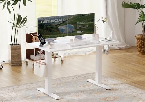 Seang Electric Standing Desk Adjustable Height, 48 x 24 Inch Sit Stand Desk with T-Shaped Frame, 3 Memory Presets & Cable Management for Home Office Computer Workstation, White Frame/White Top