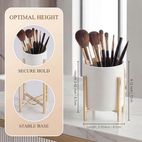 Pen Cup Holder for Ladies, Desk Pencil Holder for Women, Cute Makeup Brush Holder, Large Ceramic Cup with Rose Metal Frame, Office Desk Supplies for Women