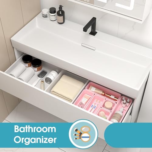 6 PCS Drawer Organizer Set, 3 Size Makeup Drawer Divider Organizer With Non-Slip Pads, Interlocking Plastic Storage Bins for Office,Jewelry Vanity,Gadgets, Bathroom,Kitchen, Pink