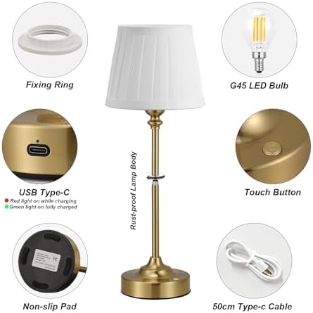 Cordless Table Lamps Rechargeable Set - 2 Pack Gold 4000mAH Battery Operated Lamps for Decor, 3000K Stepless Dimming Touch Wireless Lamp for Bedroom, Dining Table, Living Room, White Pleated Shade