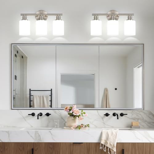 Zarbitta 3-Light Bathroom Light Fixtures, Brushed Nickel Vanity Light, Farmhouse Wall Lights with Milky White Frosted Glass Shades, Bathroom Wall Lamp for Mirror Kitchen Bedroom Hallway Living Room