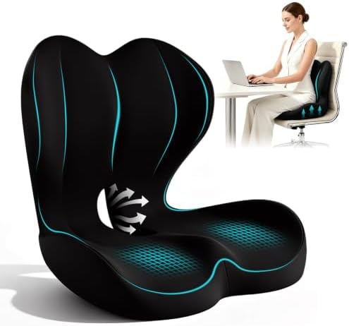 Seat Cushion for Office Chair and Car, L-Shaped Memory Foam Seat Cushion, Ergonomic Sciatica & Tailbone Pain Relief Cushion with Non-Slip Breathable Cover, Back Support for Office Chair-Black
