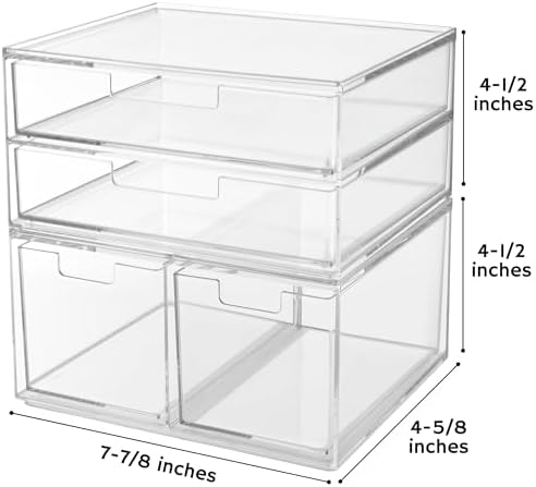 STORi Stackable Desk Organizer Drawers, Clear Pen Pencil Makeup Brush Holder for Desktops and Vanities, 4 Multi-size Drawers (Made in USA)