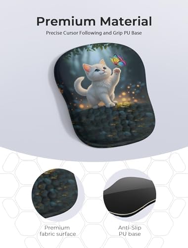 Adorable Kitty Cat Ergonomic Mouse Pad for Carpal Tunnel Pain Relief, 65% Usable Mouse Area, Memory Foam Concave Wrist Rest for Office, PC, Gaming