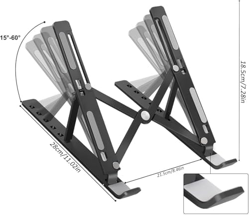Premium Portable Aluminum Laptop Stand for Desk, 7 Angles Adjustable Tilt, Heavy-Duty Laptop Riser, Foldable, Slim & Lightweight Travel-Friendly Stand for Desk & Workstation, Black
