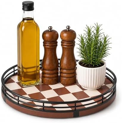 AMH 9-Inch Brown Checkerboard Lazy Susan Organizer with Black Metal Rail
