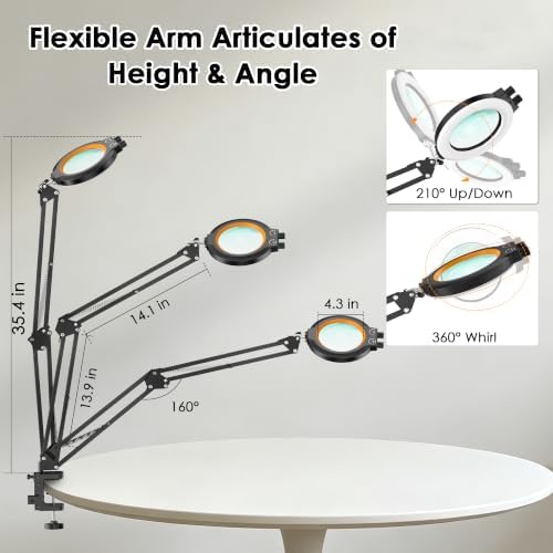 12X Magnifying Glass with Light and Stand Hands Free, Long Swing Arm Desk Magnifying Light with Clamp for Close Work, Dimmable Lighted Magnifier Lamp for Soldering Craft Jewelry Bench Sewing
