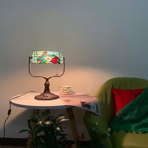 Bieye L10760 Rose Flower Tiffany Style Stained Glass Bankers Desk Lamp Table Lamp for Working Office Living Room Bedside Home Decoration, 9" W x 15" H, Red Green