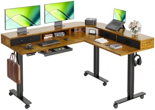 Claiks Dual Motor L Shaped Standing Desk with Drawers, 63inch, Rustic Brown
