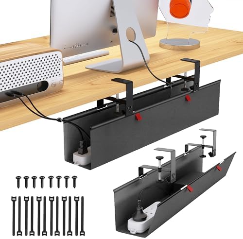 Under Desk Cable Management Tray - Under Desk Cord Management - Clamp/Screw Mount - Fabric Wire Management - Cable Raceways Tray Cord Hiders for Office/Home (Black, 28.6×5.6")