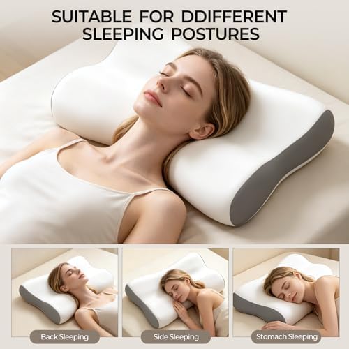 Neck Pillow Contour Memory Foam Pillows for Pain Relief Bed Pillow for Sleeping, Ergonomic Pillow for Neck and Shoulder Pain, Orthopedic Cervical Pillow for Side Back Stomach Sleeper (White&Grey)