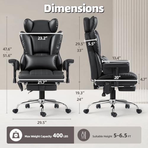 6 Points Massage Heated Home Office Chair with Foot Rest, Black