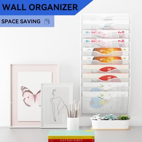 10 Pockets Hanging Wall File Organizer Mail Holder, Wall Mounted Paper Document Folder Holder, Clipboard Storage Organization Magazine Rack, White