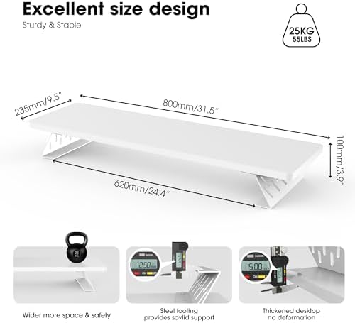 Fenge Monitor Stand Riser, Wooden & Metal Desk Shelf Organizer, White