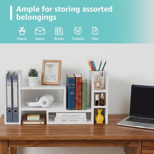 Desktop Shelf Desk Organizer File Holder - Dorm College Desk Bookshelf, Adjustable White Wood Shelving, Small Countertop Bookcase for Office Supplies, Student Study Desk & Home Organization Rack