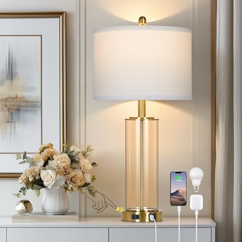 Ruzectt 26" Glass Table Lamp Single, 3-Way Dimmable Touch Control Living Room Lamp with USB C+A Ports & AC Outlet, Modern Bedside Lamps, Bedroom Lamps for Nightstand Side End Table Desk, Brown-1PK