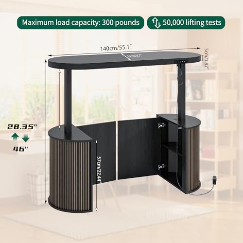 Mid Century Modern Electric Standing Desk with Storage, 55 x 22 Inch Small Sit Stand Up Desk, Wood Adjustable Height Computer Executive Desk for Home Office, Laptop, Black