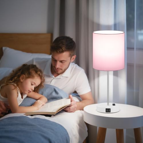 17.6" Pink Touch Lamps for Bedroom Set of 2 - Dimmable, USB C+A, AC Outlet