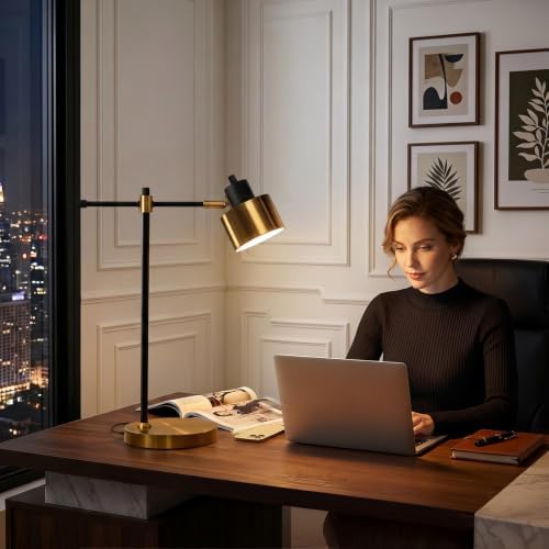 OYEARS 22.2" Modern Desk Lamp, Metal Table Lamp with LED Bulb, Adjustable Reading Lamps for Living Room, Mid Century Task Lamp for Home Office, Industrial Bedside Lamps with Solid Base,Black and Gold