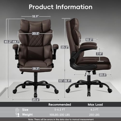 Vonesse Office Chair, Desk Chair with Flip-up Armrests, Gaming Chair with Double-Layered Soft Backrest,PU Leather Computer Executive Chair with Breathable Seat Cushion (Brown)