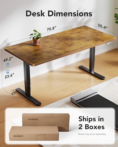 HUANUO 71x35 Inch 3-Stage Legs Electric Standing Desk,Large Height Adjustable Office Desk with Brushless Motor,Stand Up Desk with 4 Memory Presets & 2 Hooks,Computer Desk for Home Office,Vintage Brown