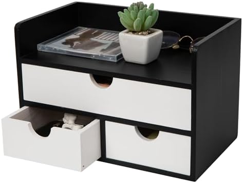 Rustic Wood Desk Organizer with Drawers,3-Drawer Desktop Storage Box