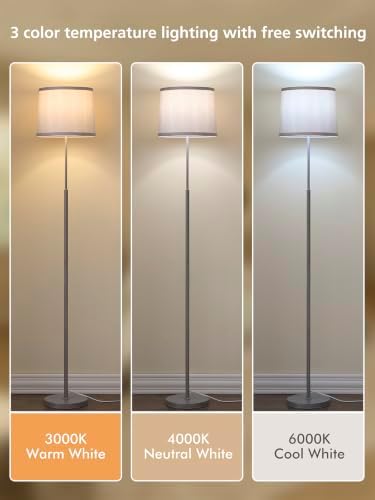 60" Modern Floor Lamp with Linen Shade, 3 Color LED Bulb & Foot Switch