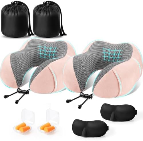 CloudBliss Memory Foam Travel Neck Pillow Airplane, Set of 2, Pink & Pink